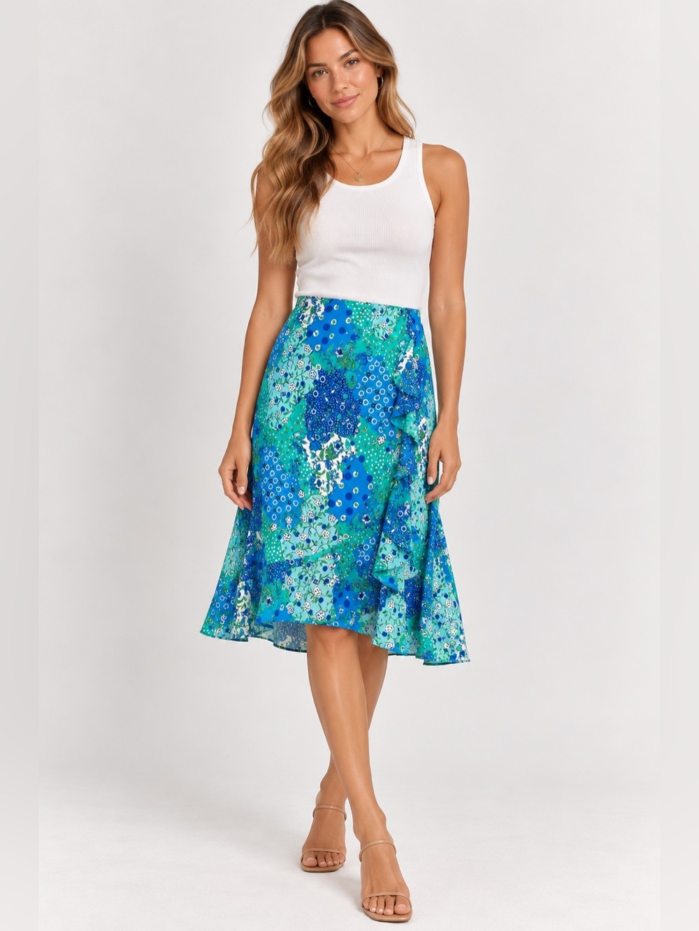 Y2K Vintage Fire‎ Los Angeles Quilt Print Patchwork Asymmetric Ruffle Skirt Larg